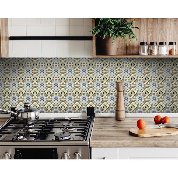 Homeroots 4 x 4 in. Taupe & Blue Scroll Peel & Stick Tiles 400045 - main